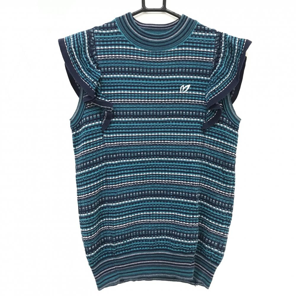 【美品】マスターバニー ノースリーブセーター グリーン×ネイビー 総柄 袖口フリル レディース 1(M) ゴルフウェア MASTER BUNNY EDITION