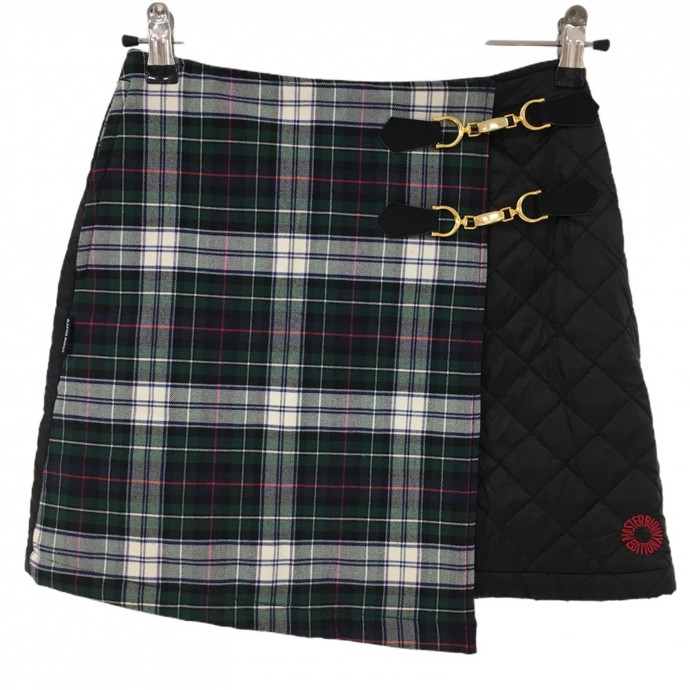 マスターバニー 異素材中綿スカート 黒×グリーン 一部チェック  レディース 00(XS) ゴルフウェア MASTER BUNNY EDITION