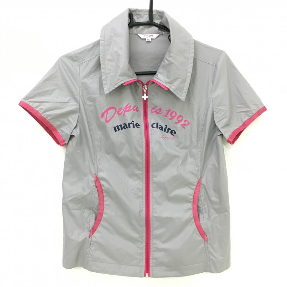 【美品】マリクレールスポール 半袖ジャケット グレー×ピンク フロントプリント レディース M ゴルフウェア marie claire
