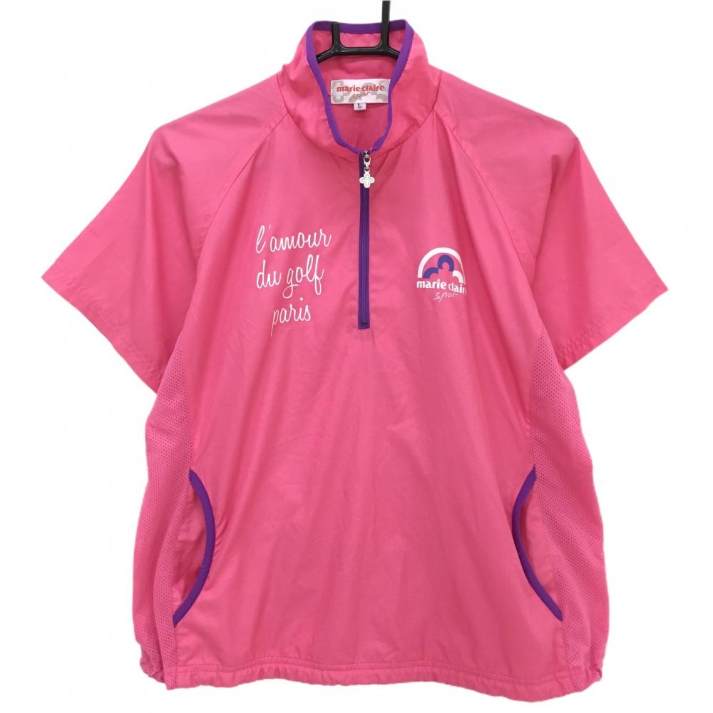 【超美品】マリクレールスポール 半袖ブルゾン ピンク×パープル 細ブロック地模様 ハーフジップ  レディース L ゴルフウェア marie claire