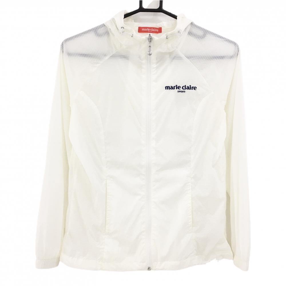 マリクレールスポール ナイロンパーカー 白 ボーダー 透け感 ドローコード レディース S ゴルフウェア marie claire