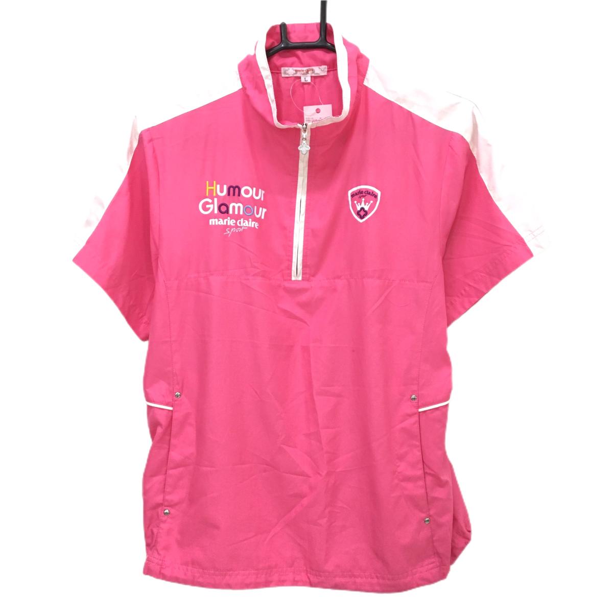 マリクレールスポール 半袖ブルゾン ピンク×白 ハーフジップ 裾ドローコード レディース L ゴルフウェア marie claire