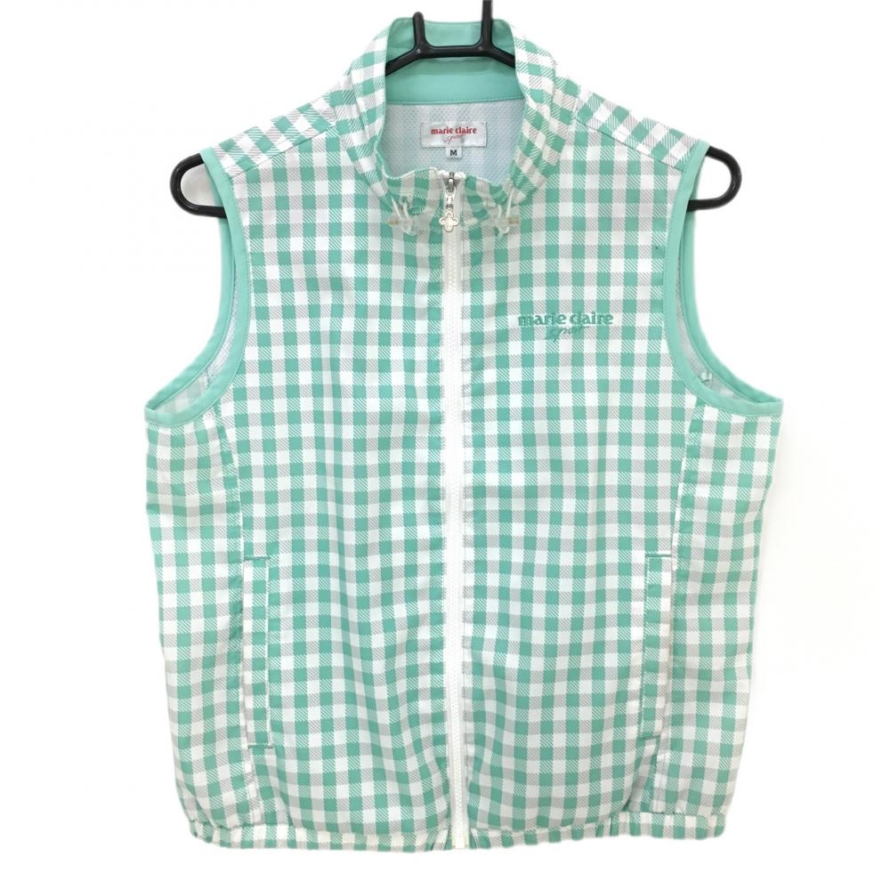 【美品】マリクレール アウターベスト ミントグリーン×白 チェック柄 総柄 ネックドローコード  レディース M ゴルフウェア marie claire
