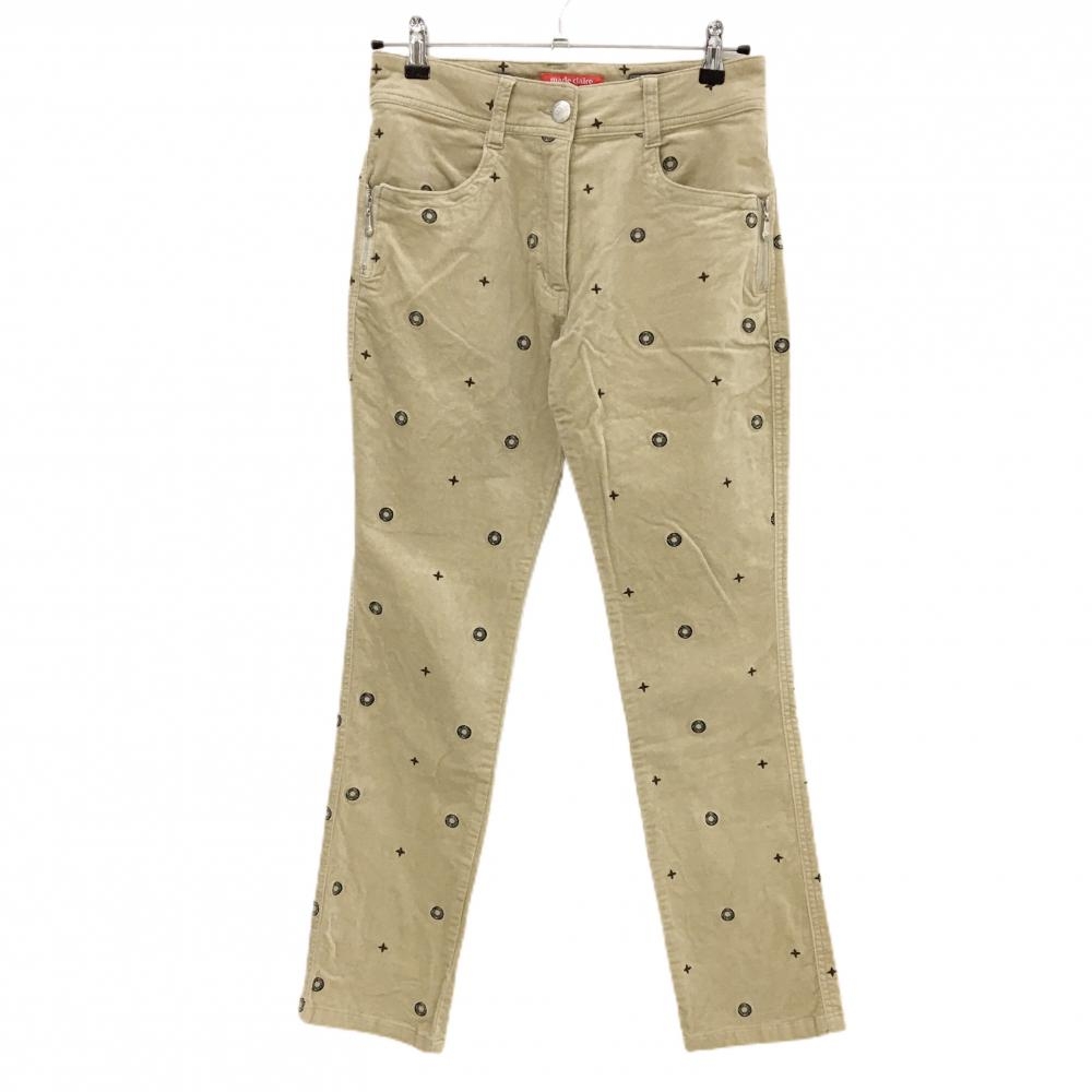 マリクレールスポール パンツ ベージュ×ブラウン 刺しゅう総柄 表微起毛 レディース M ゴルフウェア marie claire