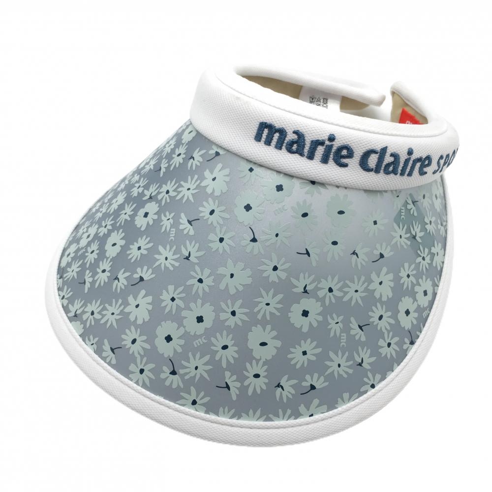 【美品】マリクレールスポール つば広サンバイザー 白×ブルー系 つば花柄 ロゴ刺しゅう レディース  ゴルフウェア marie claire