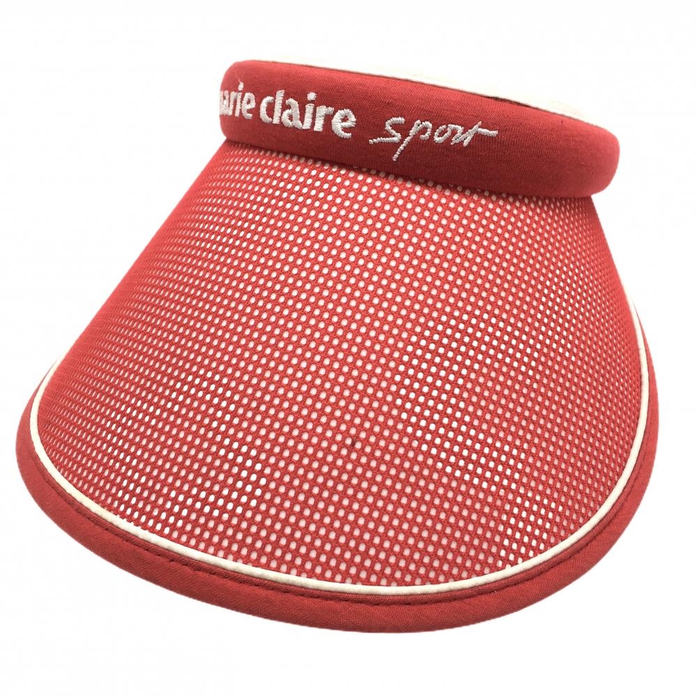 【美品】マリクレール つば広サンバイザー レッド×白 チェック ロゴ刺しゅう レディース  ゴルフウェア marie claire