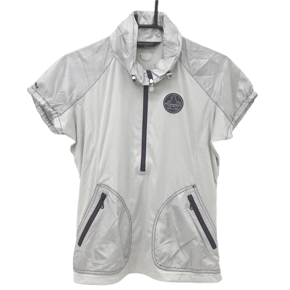 マンシングウェア 半袖ブルゾン ライトグレー×パープル ロゴワッペン ドローコード  レディース M ゴルフウェア Munsingwear
