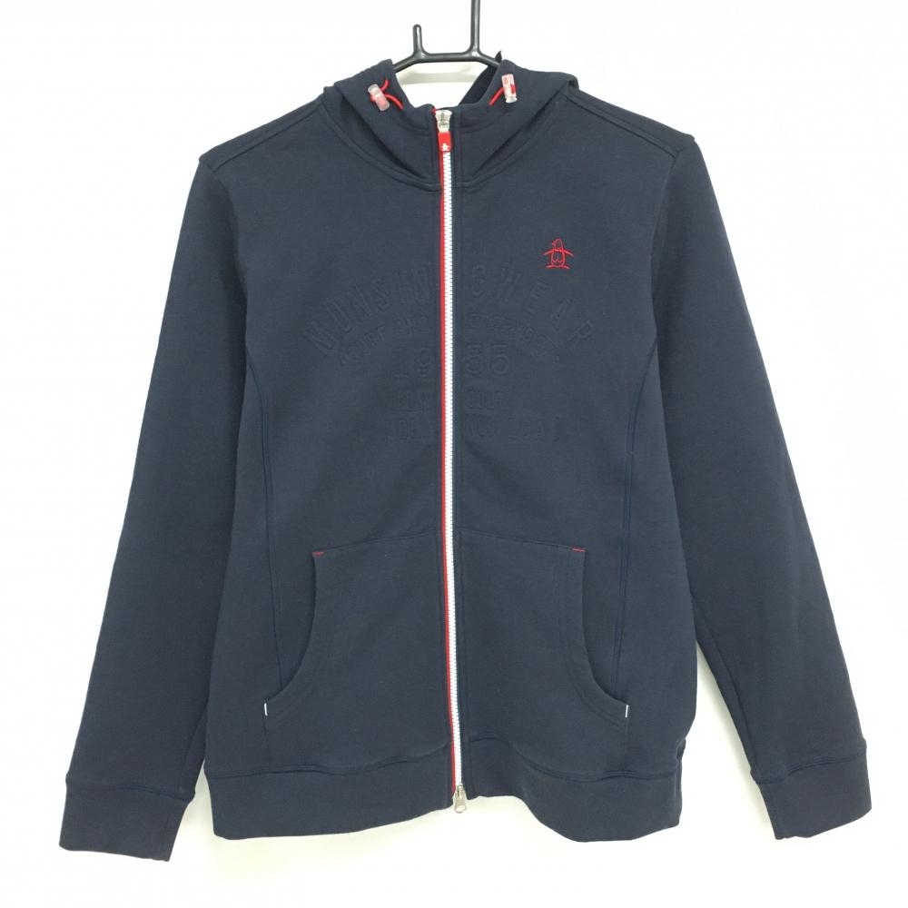 【美品】マンシングウェア ジップパーカー ネイビー×レッド 凹凸ロゴ ジャケット レディース LL ゴルフウェア Munsingwear
