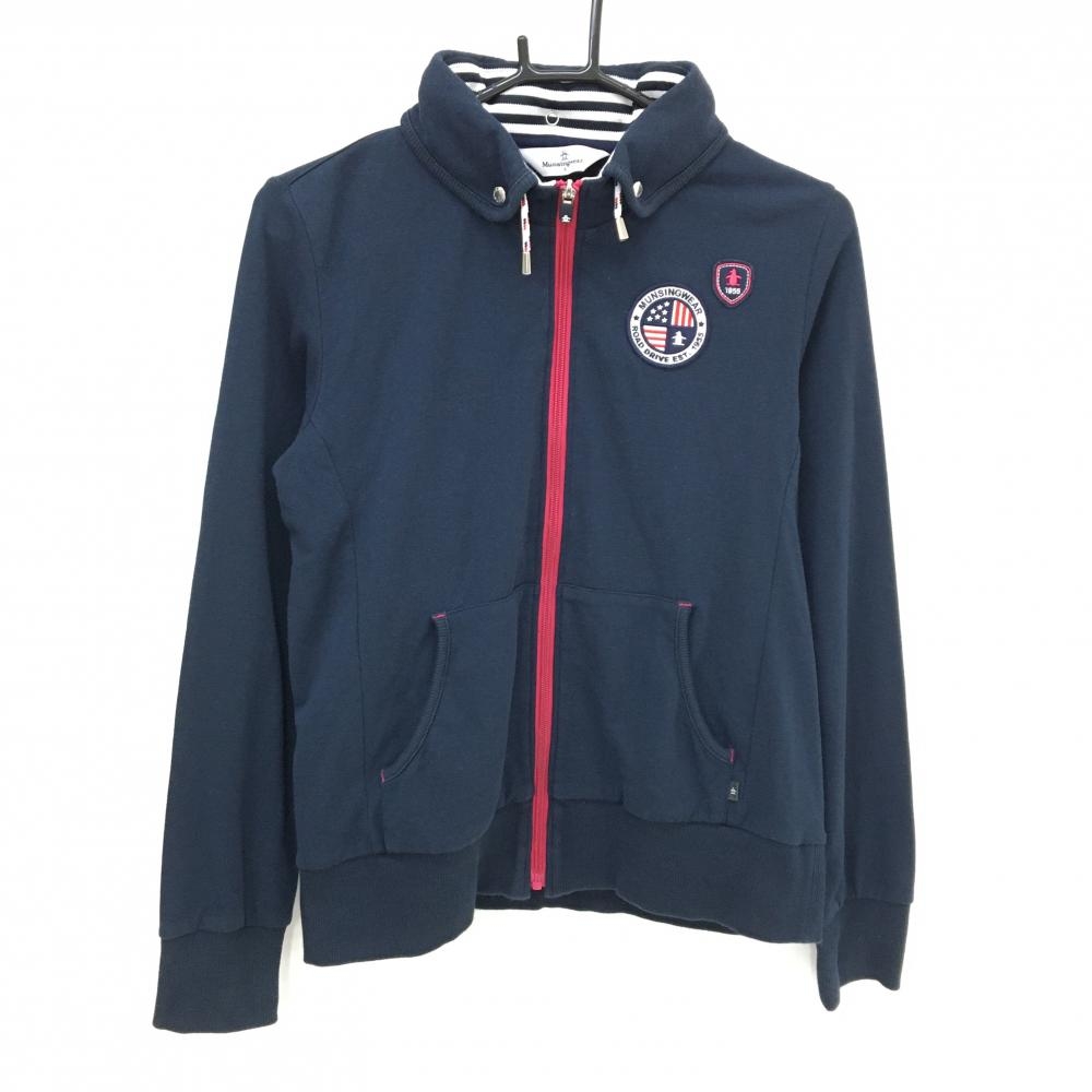 マンシングウェア ジャケット ネイビー×ピンクレッド ロゴワッペン フード収納可 レディース L ゴルフウェア Munsingwear