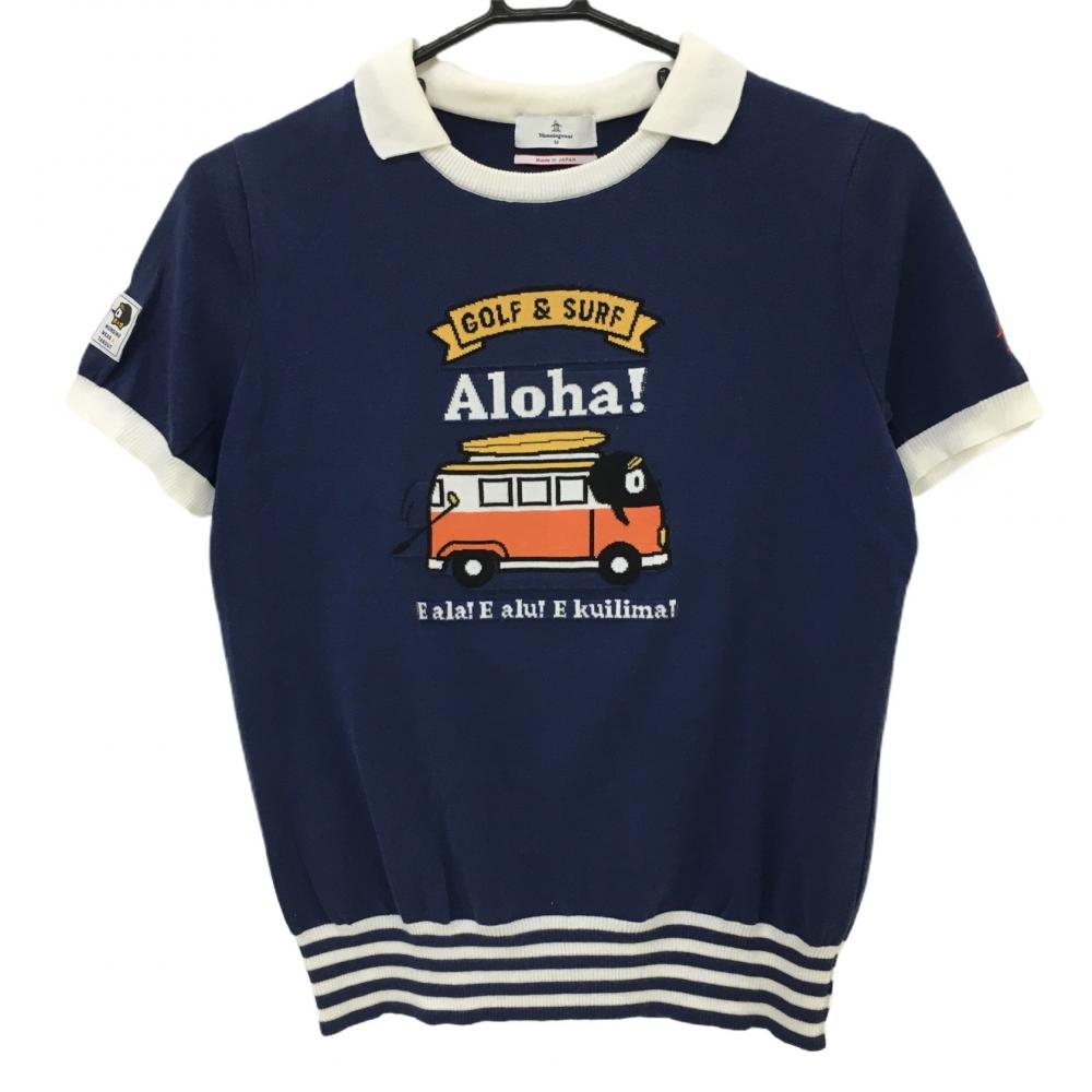 マンシングウェア 半袖襟付きセーター ネイビー×白 ニット タロアウト レディース M ゴルフウェア Munsingwear