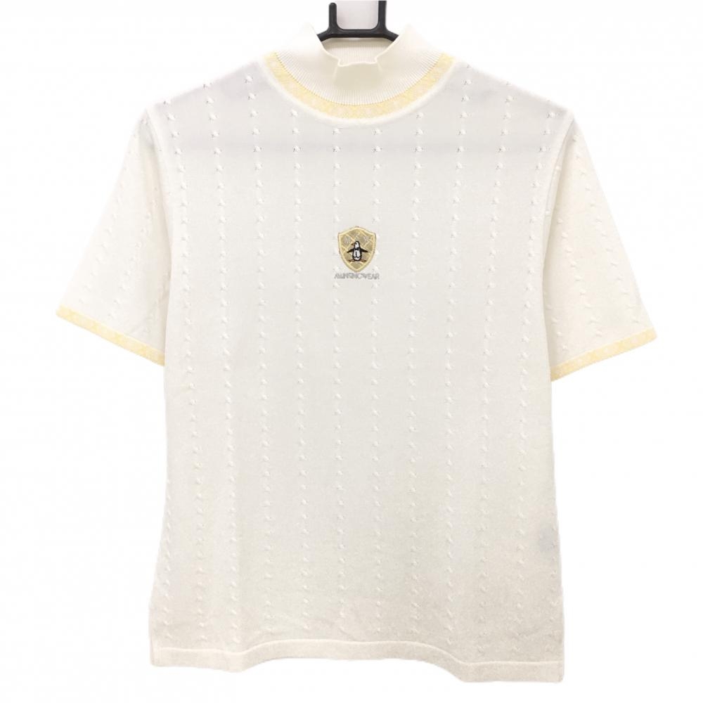 マンシングウェア 半袖ハイネックセーター 白×イエロー ロゴ刺しゅう ニット レディース M ゴルフウェア Munsingwear