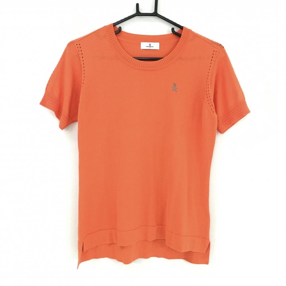 【超美品】マンシングウェア 半袖セーター オレンジ 一部透かし編み ペンギン刺しゅう レディース L ゴルフウェア Munsingwear