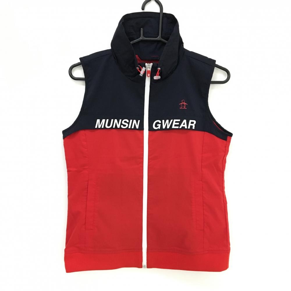 【超美品】マンシングウェア アウターベスト レッド×ネイビー ネックドローコード 裏地メッシュ レディース M ゴルフウェア Munsingwear