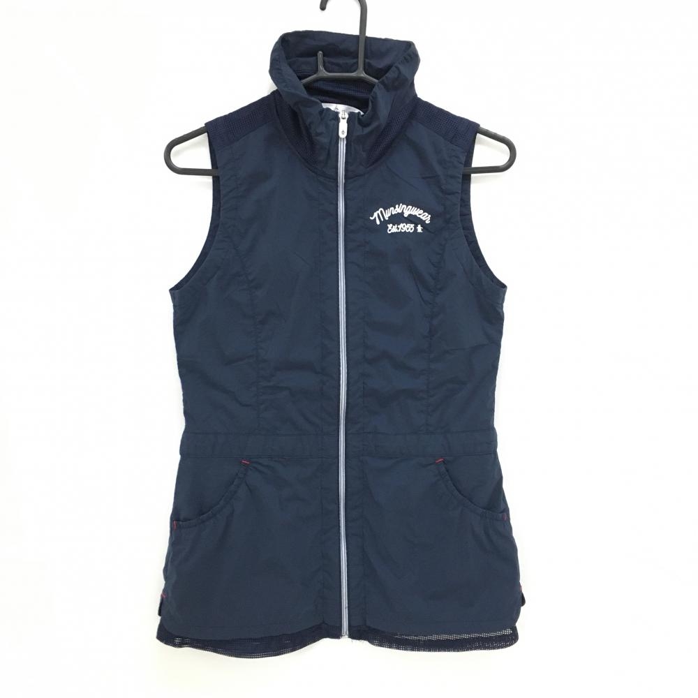 【美品】マンシングウェア アウターベスト ネイビー ロゴ白 一部メッシュ切替 レディース M ゴルフウェア Munsingwear