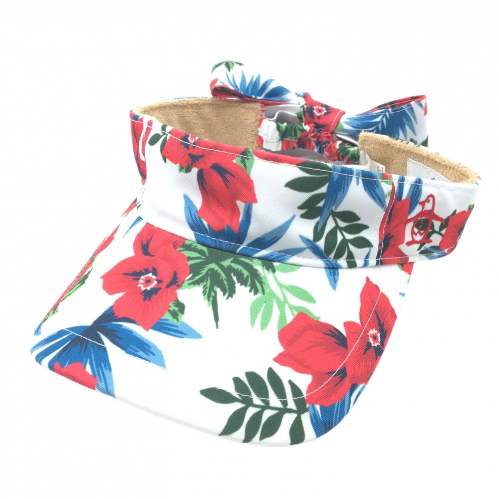【新品】マンシングウェア サンバイザー 白×レッド 花柄 リボン レディース F(55-59cm) ゴルフウェア Munsingwear