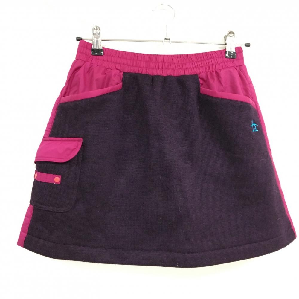 【美品】マンシングウェア 中綿ニットスカート パープル×ピンク 前面ニット ウエストゴム＆調節紐 レディース M ゴルフウェア Munsingwear