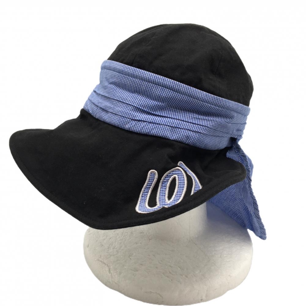 【美品】MUスポーツ 2WAYキャップ 黒×ブルー ロゴ刺しゅう サンバイザー 日よけ付き  レディース F ゴルフウェア M・U SPORTS