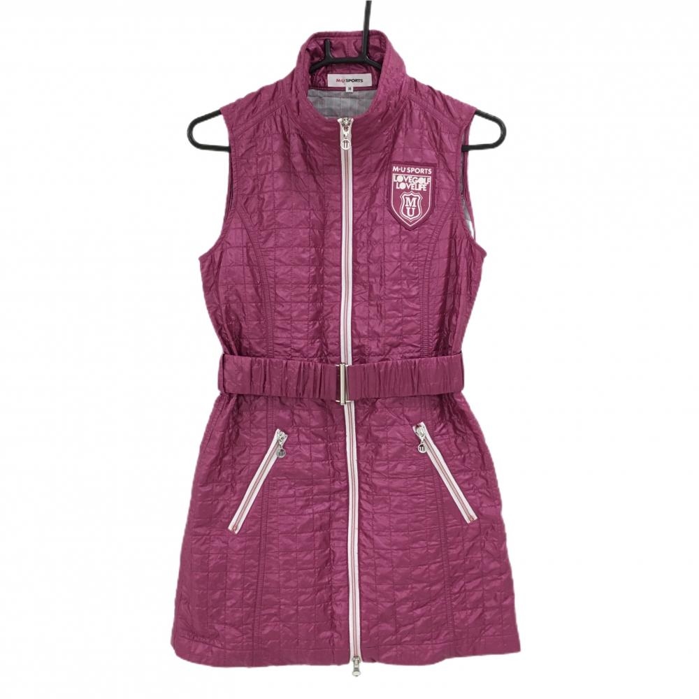 【美品】MUスポーツ 中綿ノースリーブワンピース ピンク×白 ワッペン 薄中綿 レディース 38(S) ゴルフウェア M・U SPORTS