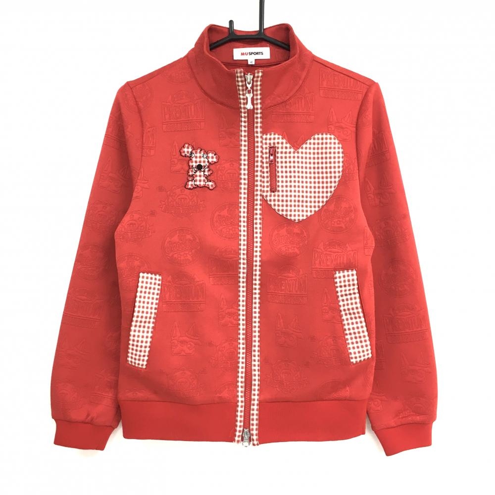 【美品】MUスポーツ ジャケットブルゾン レッド ドッグ総柄織生地 一部チェック  レディース 40(M) ゴルフウェア M・U SPORTS