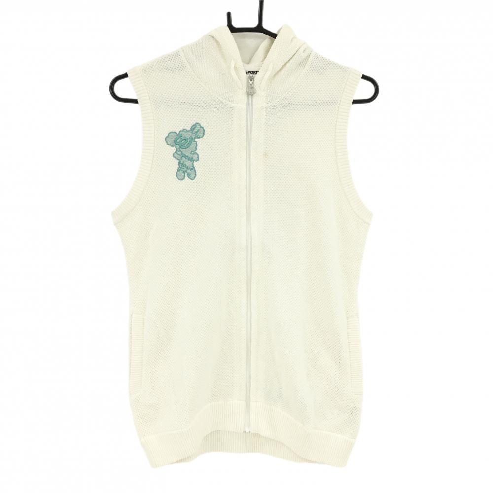 MUスポーツ ニットアウターベスト 白×グリーン ロゴ刺しゅう フード付き アクリル100％ レディース 40(M) ゴルフウェア M・U SPORTS
