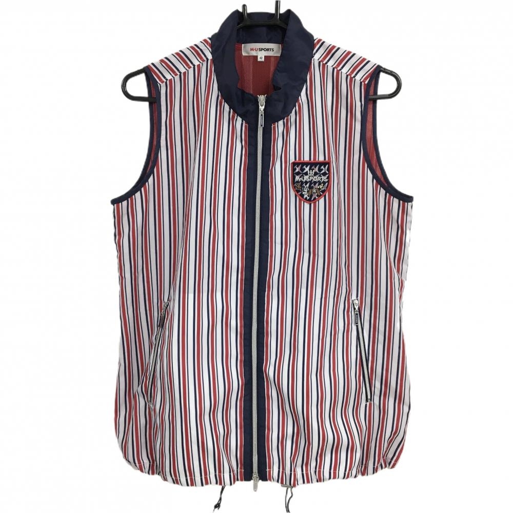 【美品】MUスポーツ アウターベスト 白×ネイビー×レッド ストライプ メッシュ裏地  レディース 42(L) ゴルフウェア M・U SPORTS
