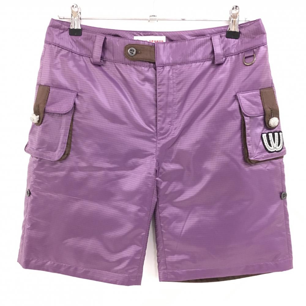 【美品】MUスポーツ ダウンハーフパンツ パープル 千鳥格子 裾ロールアップ可 レディース 42(L) ゴルフウェア M・U SPORTS