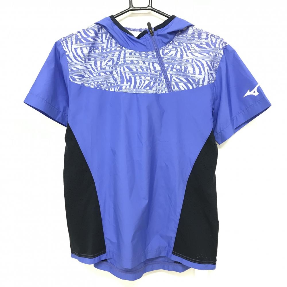 【超美品】ミズノ フード付半袖ブルゾン ブルー×ネイビー 上部総柄 ハーフジップ  レディース  ゴルフウェア MIZUNO