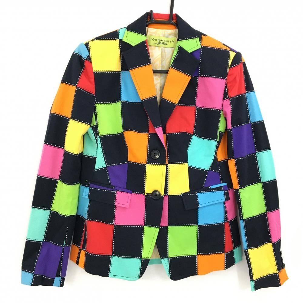 【美品】ラウドマウス テーラードジャケット マルチカラー ブロックチェック 肩パッド入り レディース US2(L) ゴルフウェア LOUDMOUTH