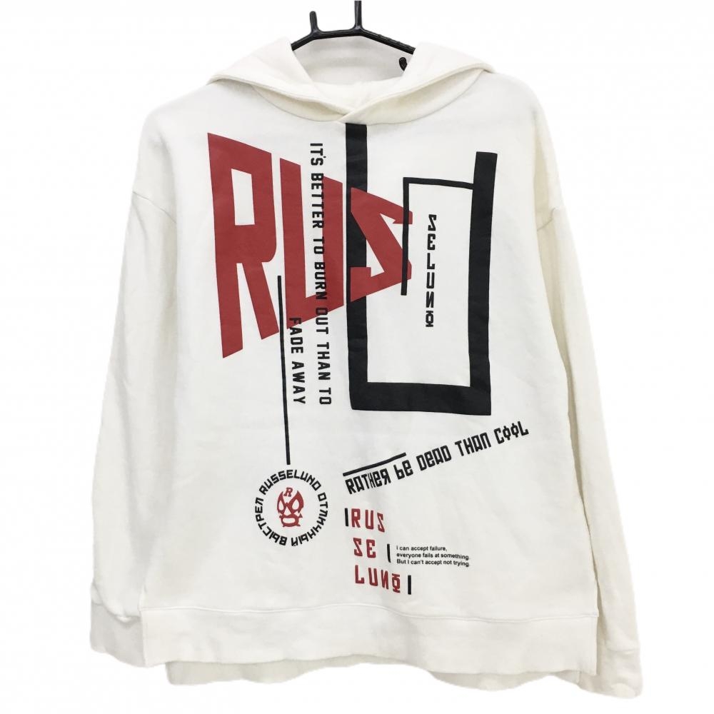 【超美品】ラッセルノ フード付トレーナー 白×黒 ルチャ 裏起毛  レディース 2(L) ゴルフウェア RUSSELUNO