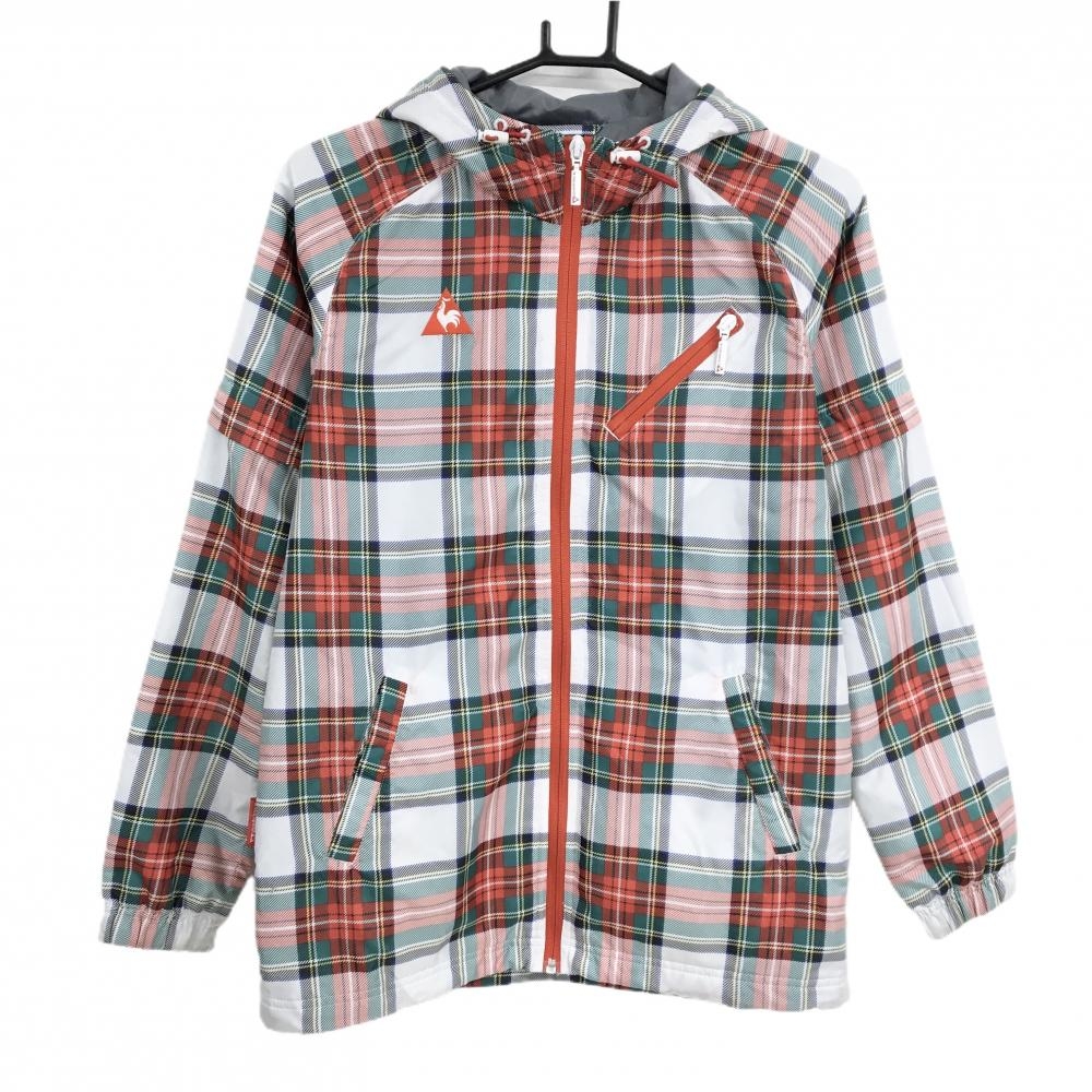 ルコックゴルフ フード付き2WAY中綿ジャケット 白×レッド チェック柄 裾ドローコード 袖着脱可 レディース M ゴルフウェア le coq sportif