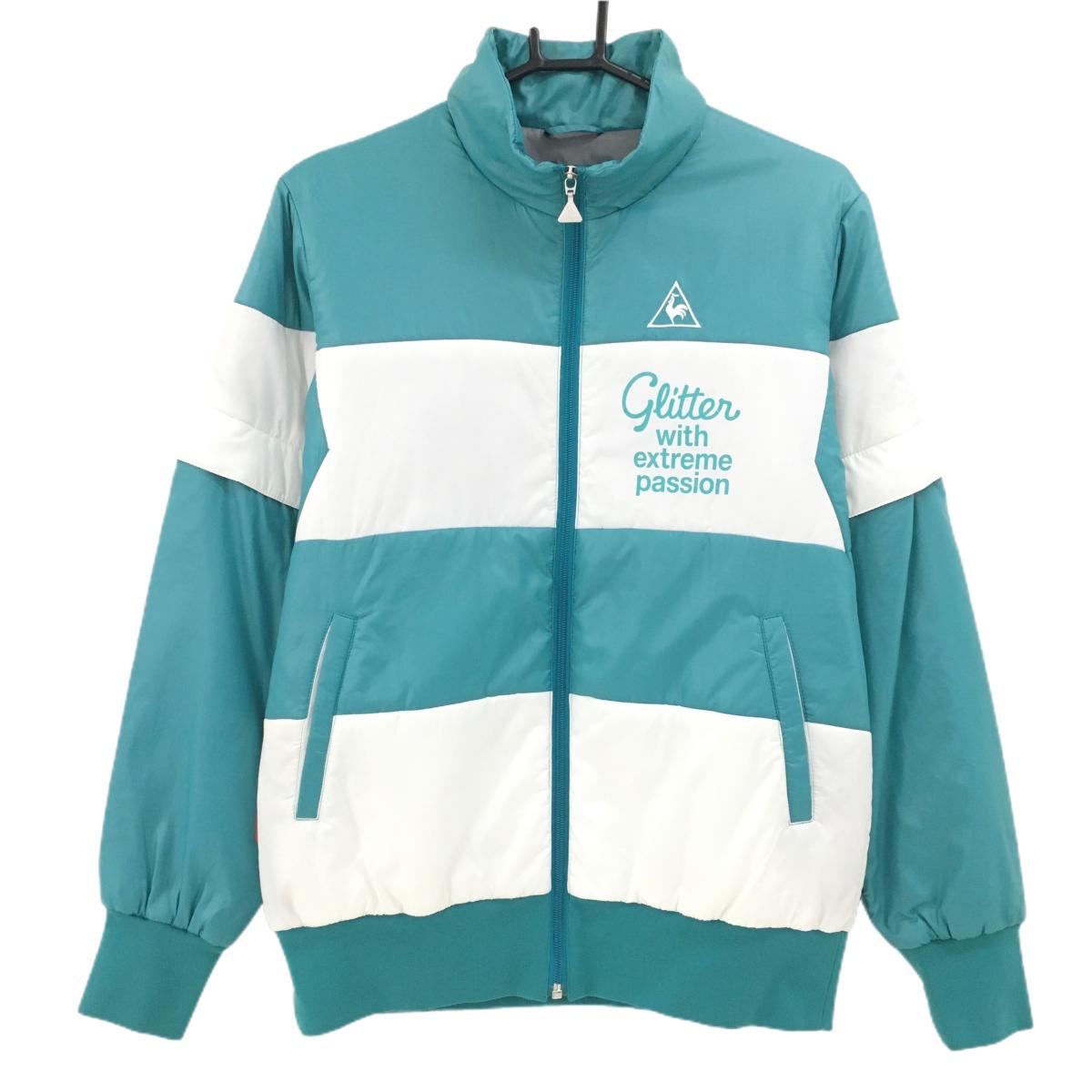 【美品】ルコックゴルフ 2WAY中綿ジャケット グリーン×白 ボーダー 袖着脱可 ロゴ刺しゅう レディース L ゴルフウェア le coq sportif