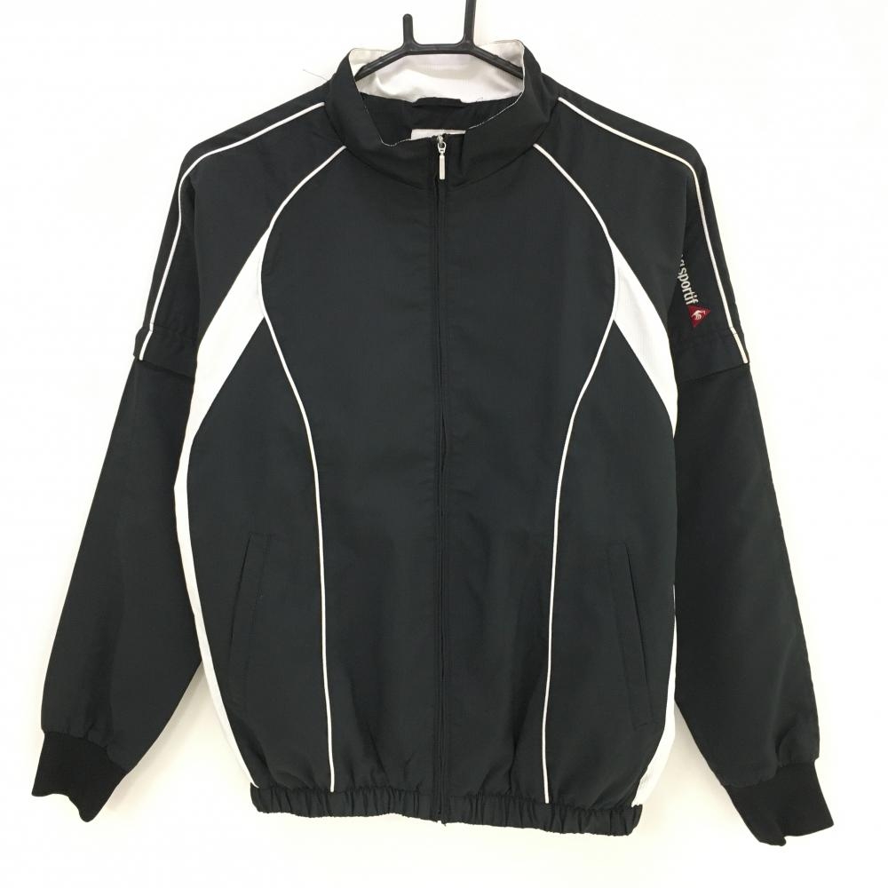 【美品】ルコック 2WAYジャケットブルゾン 黒×白 裏地メッシュ プリント 刺しゅう 袖着脱可  レディース S ゴルフウェア le coq sportif