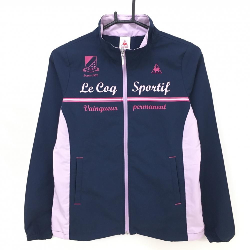 【美品】ルコック ジャケットブルゾン ネイビー×ライトパープル ロゴプリント  レディース S ゴルフウェア le coq sportif
