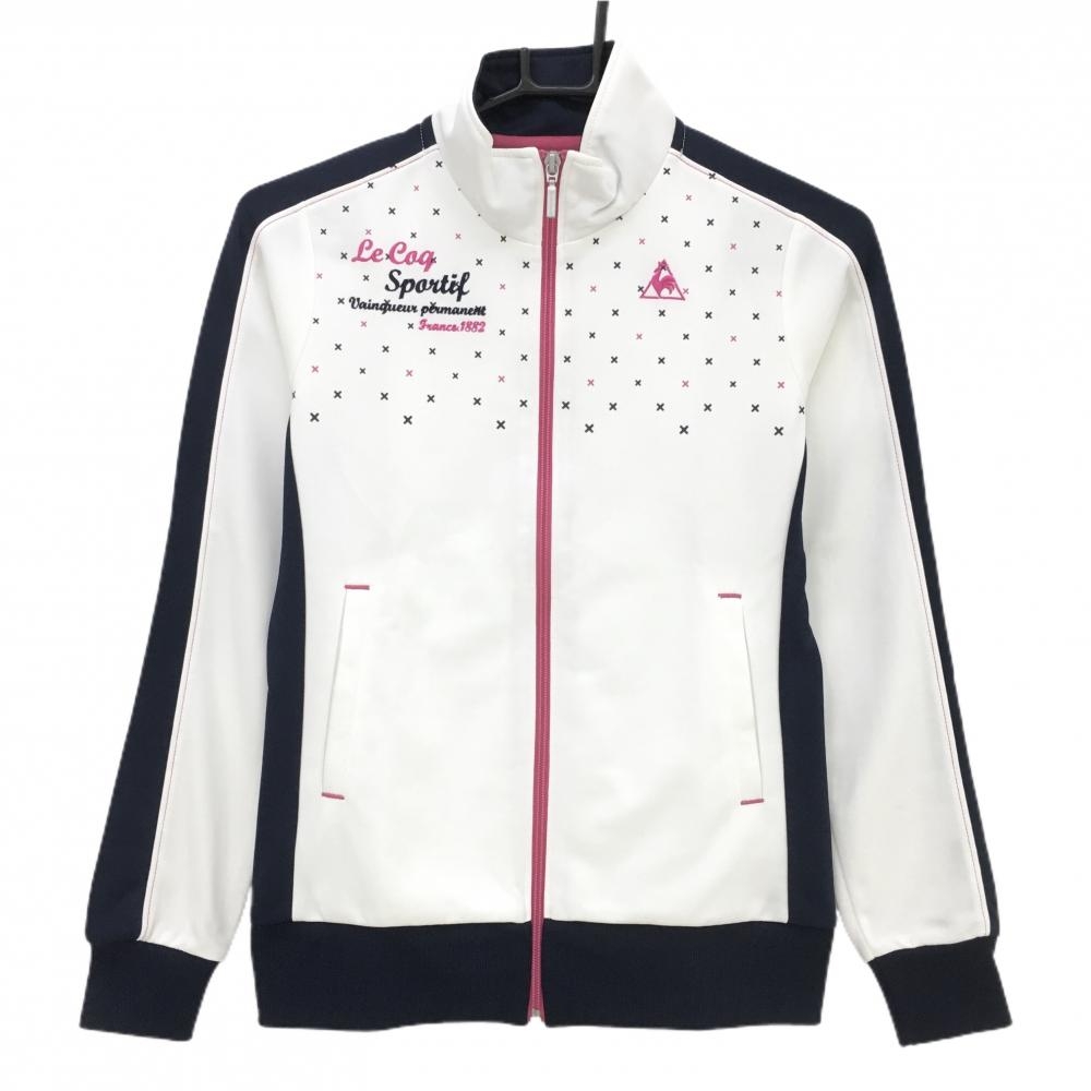 ルコック ジャケットブルゾン 白×ネイビー 前面上部クロス柄 レディース S ゴルフウェア le coq sportif
