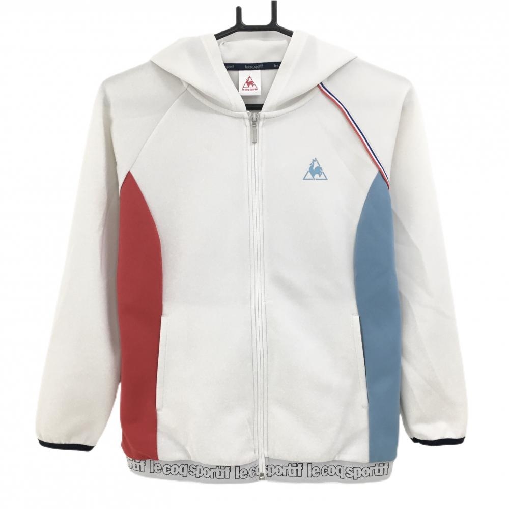 【美品】ルコック ジップパーカー 白×ライトブルー 裾ロゴ ブルゾン  レディース S ゴルフウェア le coq sportif