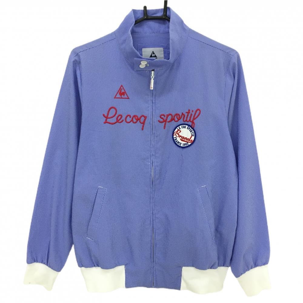 【美品】ルコック ジャケットブルゾン ブルー×白 細チェック ロゴ刺しゅう レディース L ゴルフウェア le coq sportif