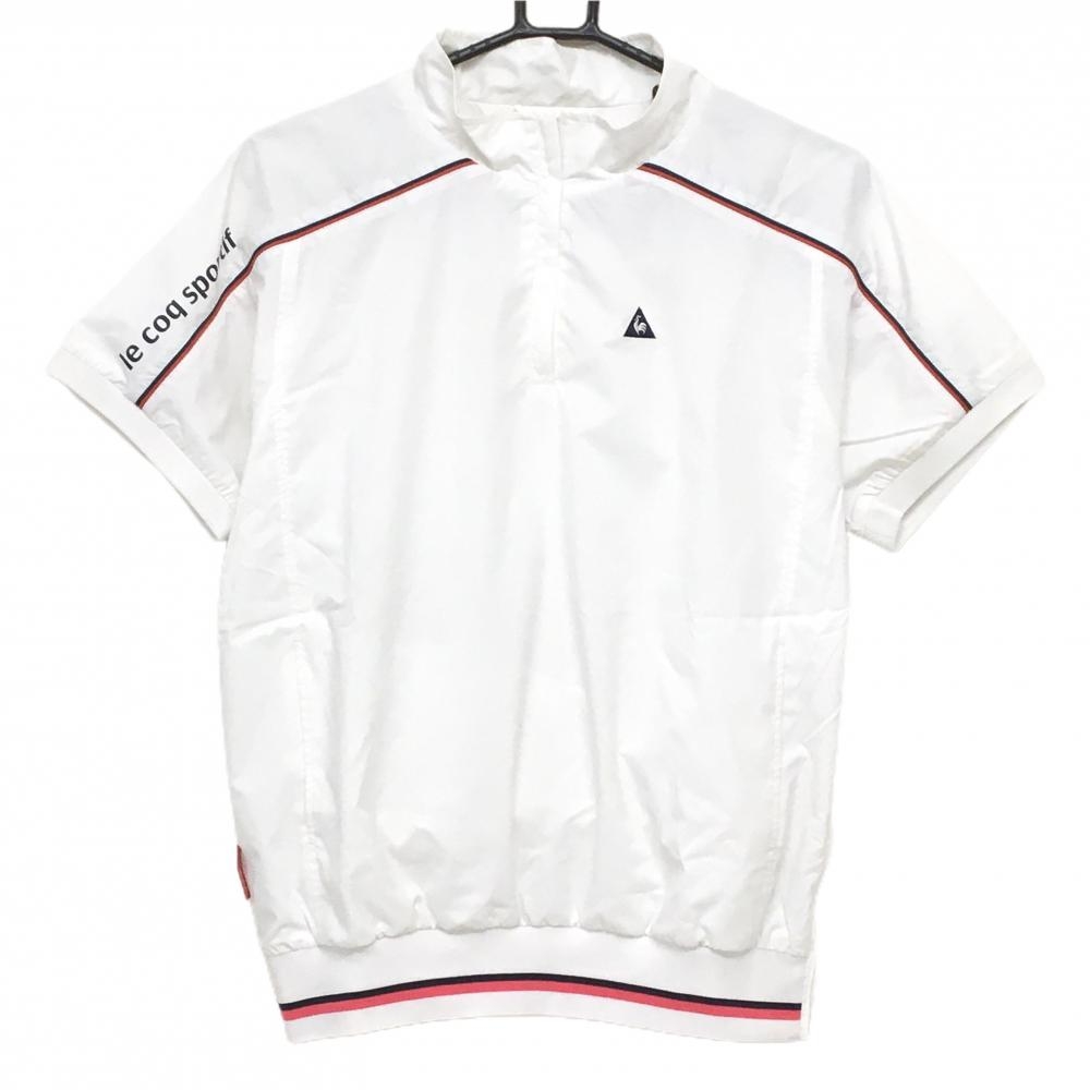 ルコックゴルフ 半袖ブルゾン 白×ネイビー ロゴプリント ハーフジップ メッシュ裏地 レディース M ゴルフウェア le coq sportif