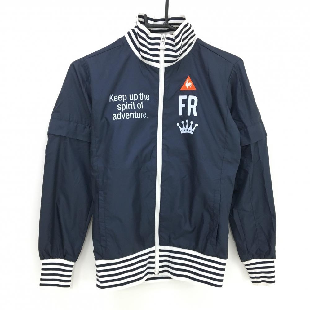 【美品】ルコックゴルフ 2WAYブルゾン ネイビー×白 ネック・裾ボーダー 袖着脱可 レディース S ゴルフウェア le coq sportif