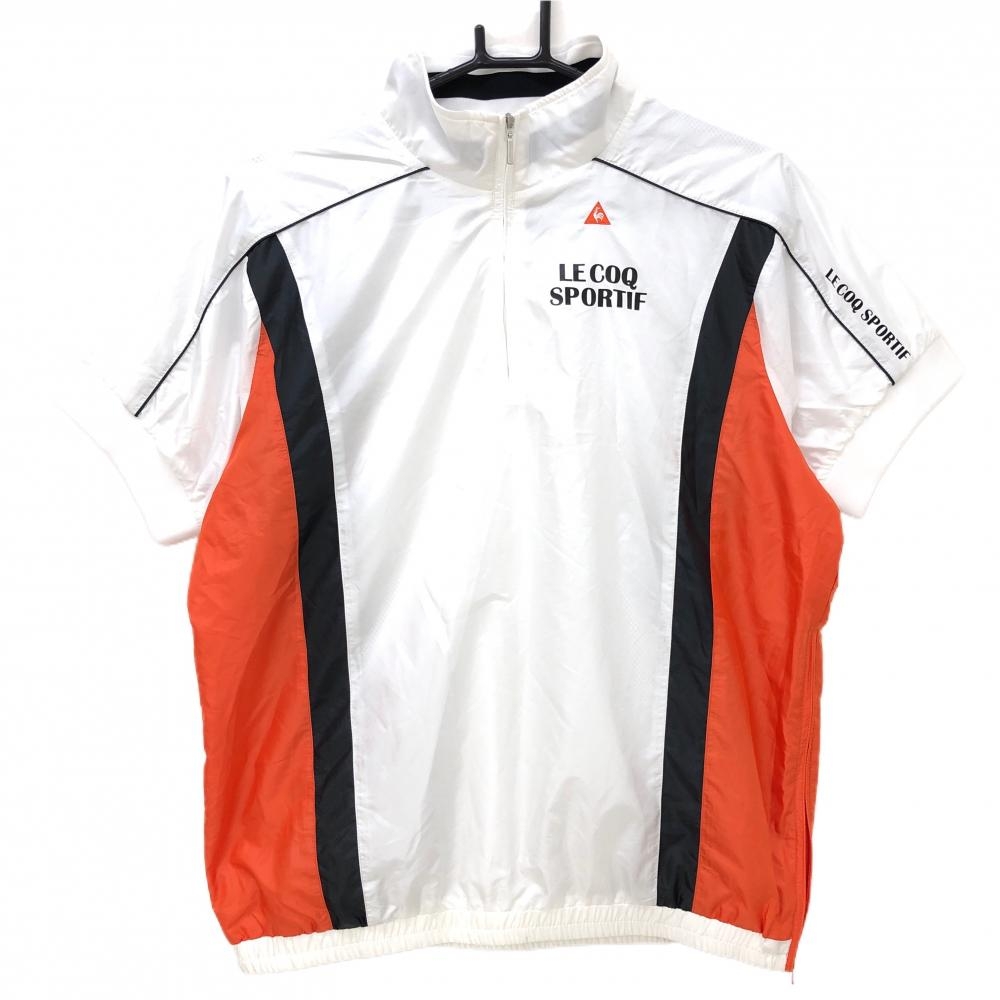 ルコックゴルフ 半袖ブルゾン 白×黒×オレンジ 裏メッシュ ハーフジップ レディース S ゴルフウェア le coq sportif