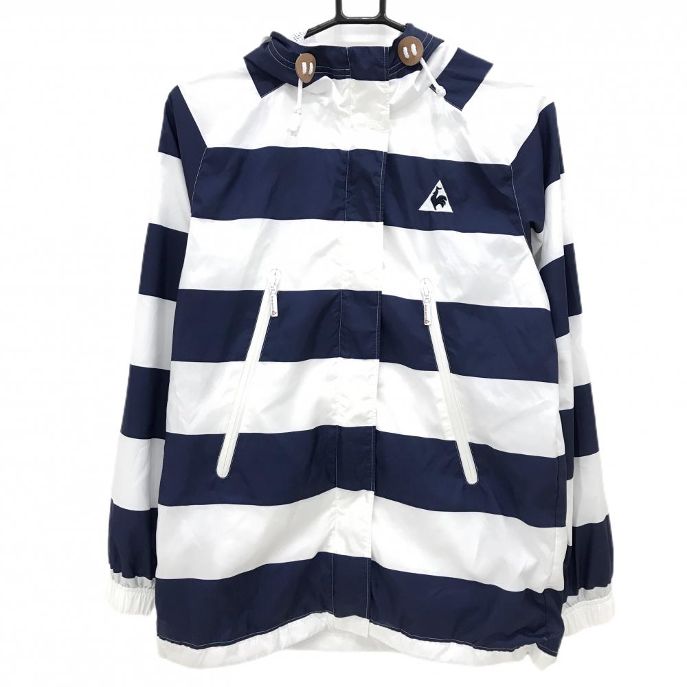 ルコックゴルフ ジャケット ネイビー×白 ボーダー 裏地メッシュ フード付 ロゴ刺しゅう  レディース M ゴルフウェア le coq sportif