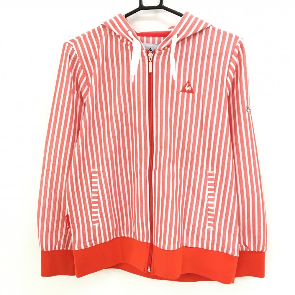 【超美品】ルコックゴルフ ジップパーカー レッド×白 ストライプ 胸ロゴ レディース L ゴルフウェア le coq sportif