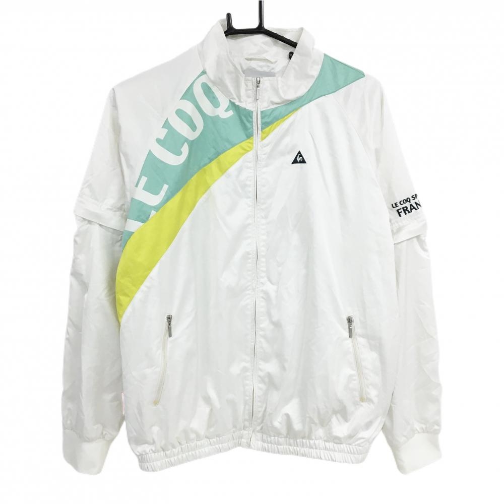 【美品】ルコックゴルフ 2WAYブルゾン 白×ミントグリーン ロゴ刺しゅう 袖着脱可 裏地メッシュ レディース L ゴルフウェア le coq sportif
