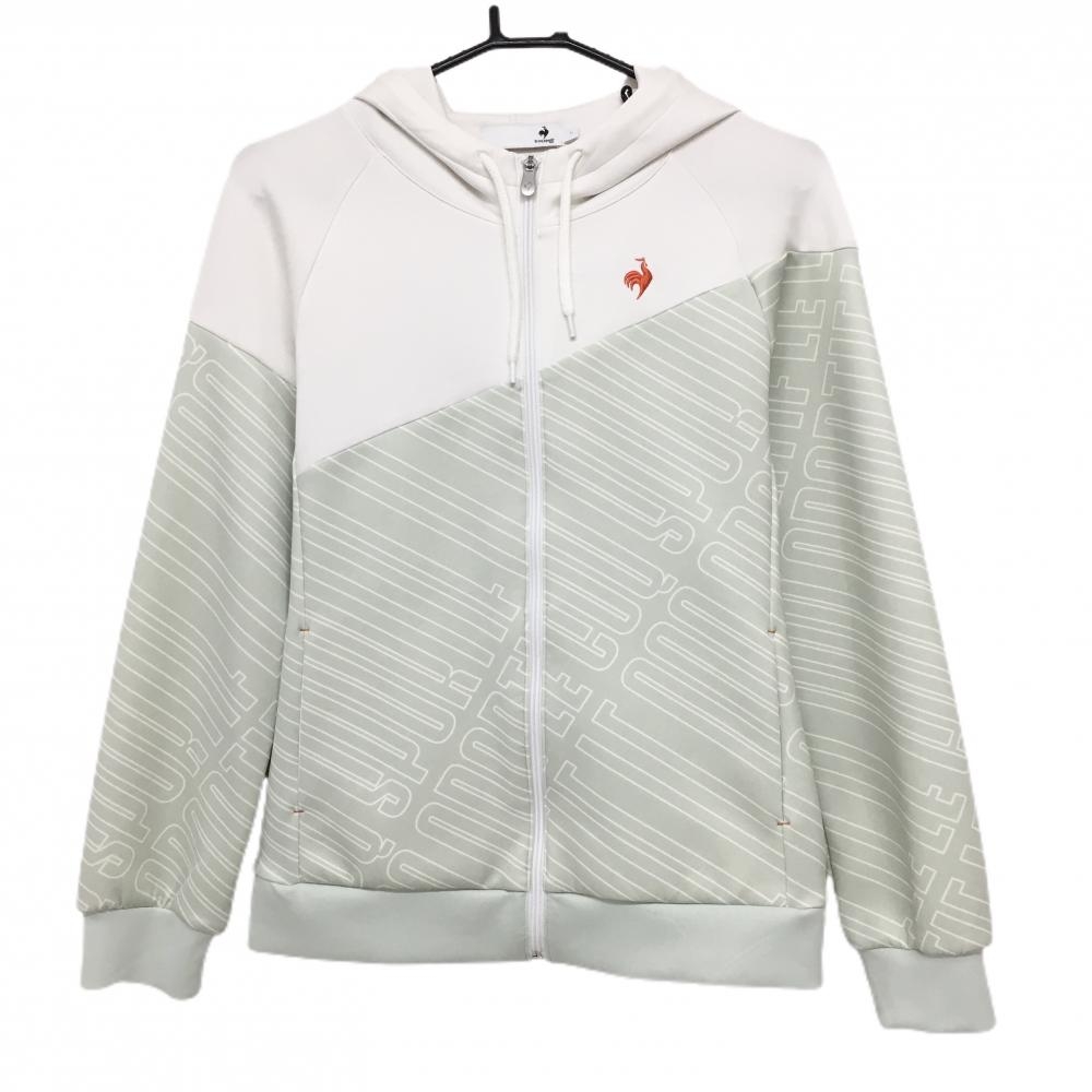 【超美品】ルコックゴルフ ジップパーカー 白×ライトグリーン 一部斜めストライプ・ロゴ  レディース L ゴルフウェア le coq sportif