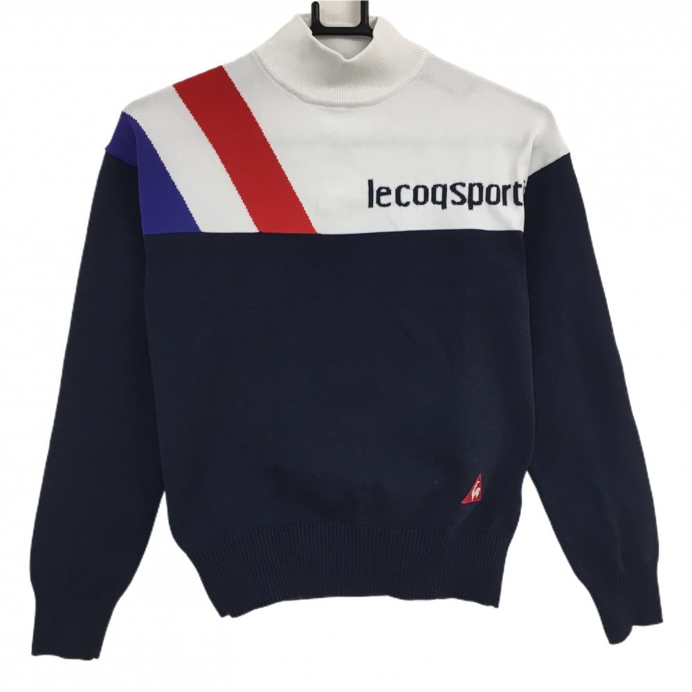 【美品】ルコック ハイネックセーター ネイビー×白 ロゴ刺しゅう  レディース S ゴルフウェア le coq sportif
