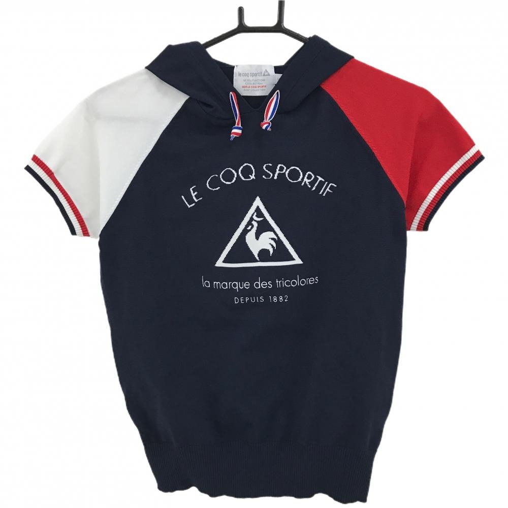 【超美品】ルコックゴルフ 半袖ニットパーカー ネイビー×レッド フロントロゴ セーター レディース M ゴルフウェア le coq sportif