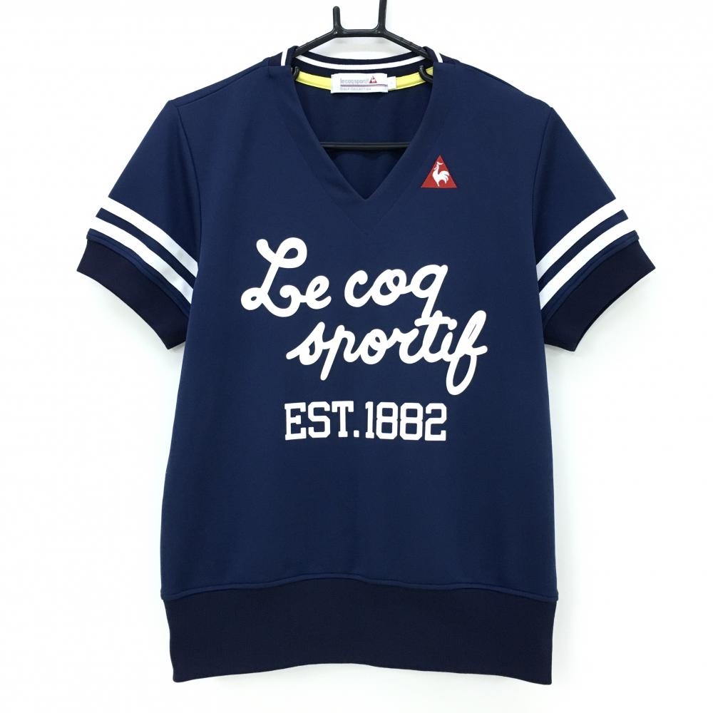 【美品】ルコック 半袖トレーナー ネイビー×白 袖ライン Vネック  レディース L ゴルフウェア le coq sportif