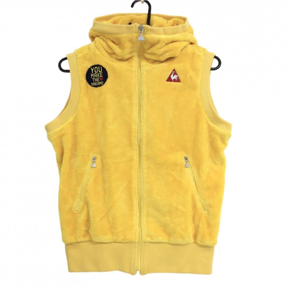 【美品】ルコック ボアベスト イエロー ロゴ刺しゅう フード レディース M ゴルフウェア le coq sportif