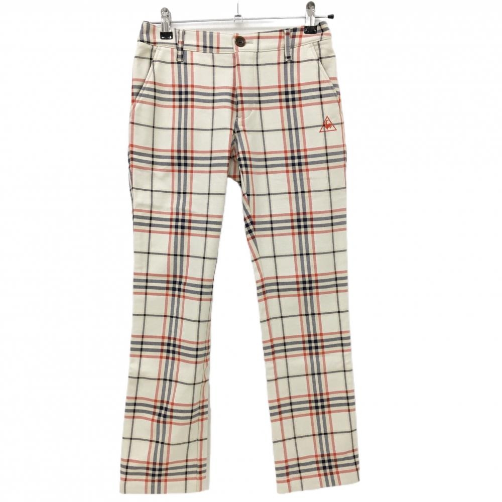 【超美品】ルコックゴルフ パンツ ベージュ×レッド×ネイビー チェック 裏起毛 ストレッチ レディース 7 ゴルフウェア le coq sportif