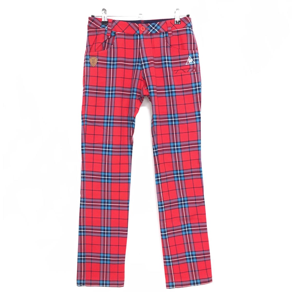 【超美品】ルコックゴルフ パンツ レッド×ネイビー チェック ストレッチ ロゴ刺しゅう レディース 11 ゴルフウェア le coq sportif