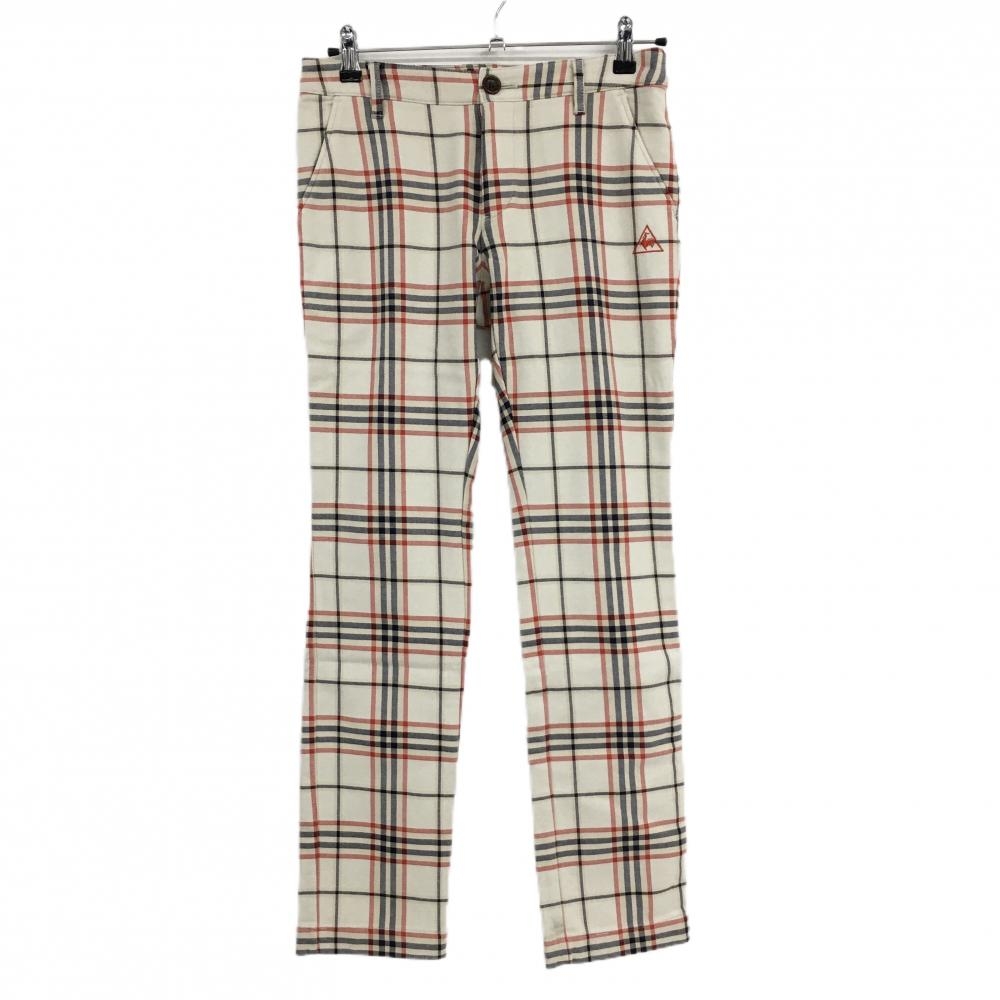 【美品】ルコックゴルフ パンツ ライトベージュ×レッド チェック柄 ロゴ刺しゅう ストレッチ  レディース 9 ゴルフウェア le coq sportif